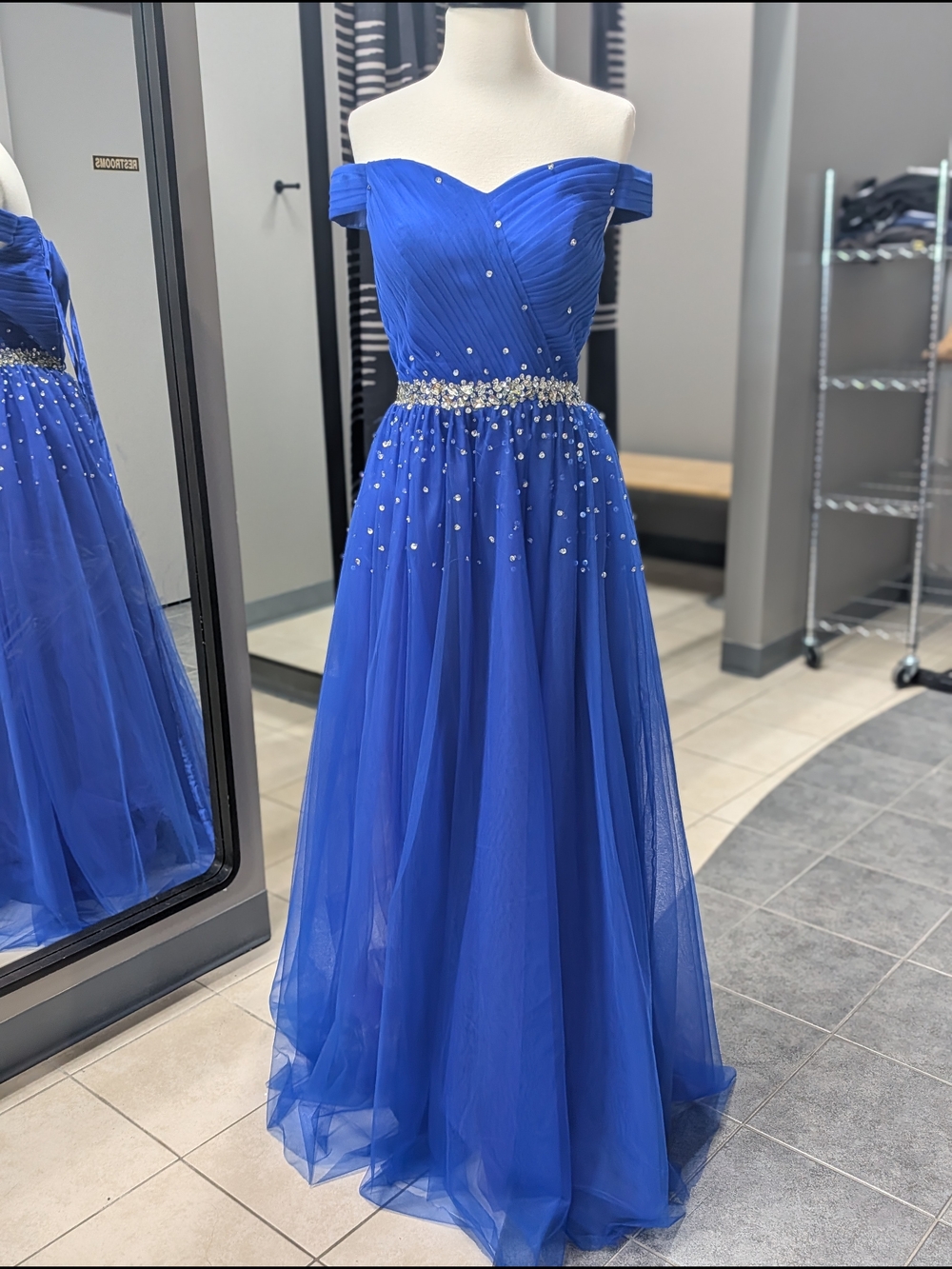 Off-the-Shoulder Royal Blue Evening Gown with Crystal Waist Size 4